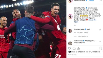 “Adegan yang tidak dapat dipercaya,” sebut Daniel Sturridge di Instagram, memperlihatkan dia begitu senang dengan kemenangan Liverpool. Foto: Instagram