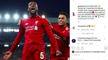 Georginio Wijnaldum yang jadi salah satu penentu kemenangan tak dapat menutupi rasa senangnya. “Kata-kata tidak bisa menggambarkan perasaan ini,” tulisnya. Foto: Instagram