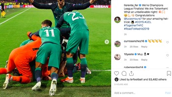 Fernando Llorente bersorak. “Kami adalah finalis Liga Champions. Kami Tottenham. Malam yang syukar dipercaya,” Foto: istimewa