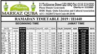 Jadwal puasa Ramadhan 2019 yang dikeluarkan Masjid Markaz Quba di Leicester Inggris. Berpuasa di sana hampir mencapai 18-19 jam (Budi Waluyo/Istimewa)