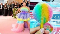 Gaun pelangi yang dikenakan Nichapat Suphap kelihatan cantik banget ya? Tapi tampilannya mengingatkan akan es serut aneka warna. Foto: Twitter @semangkasegar