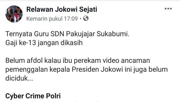 Screenshot postingan di Facebook soal perekam aksi ancaman penggal kepala Jokowi.