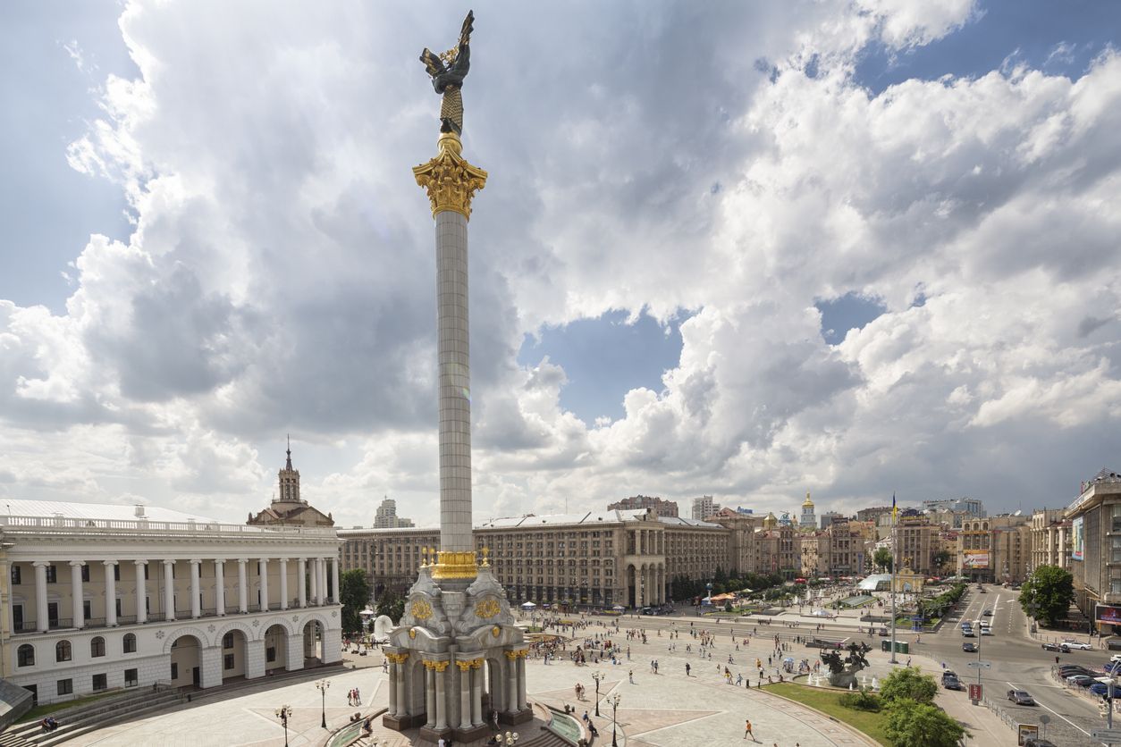 Maidan Nezalezhnosti (Independence Square) is the central square of Kiev, the capital city of Ukraine. It is located on the Khreshchatyk Street. The monument in the middle is called Berehynia which is a female spirit in Slavic mythology.
