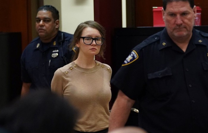 Fake German heiress Anna Sorokin arrives in court  during her sentencing at Manhattan Supreme Court May 9, 2019 following her conviction last month on multiple counts of grand larceny and theft of services (Photo by TIMOTHY A. CLARY / AFP)