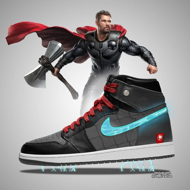 Untuk sneakers Thor, Chris Kemp tak cuma menggali inspirasi dari kostumnya tapi juga kilatan dari kapak andalannya. Bisa dilihat dari aksen menyala pada logo swoosh Nike yang legendaris itu. (Foto: dok. @ck_creative)