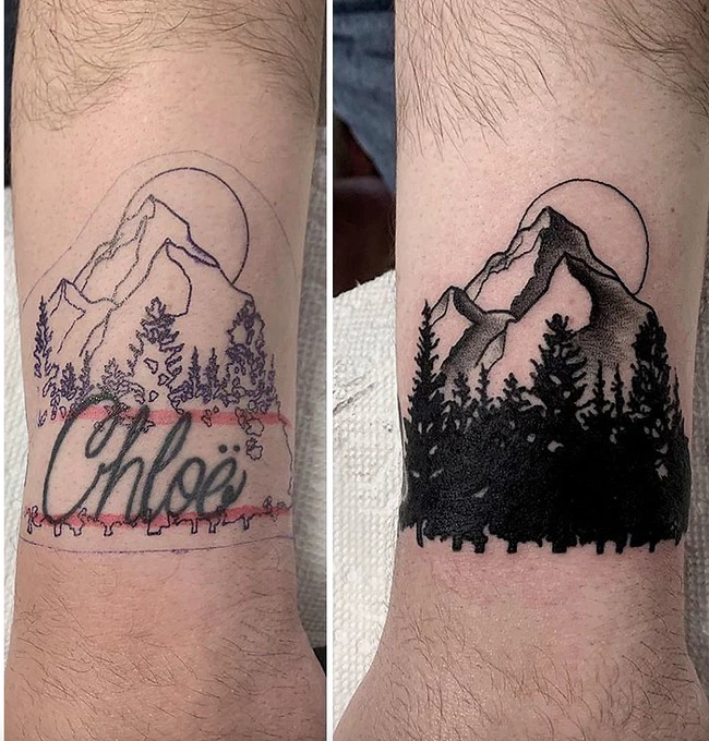 Menghapus nama mantan kekasih bisa dilakukan dengan menimpa gambar lain di atasnya. Contohnya nama Chloe ini yang ditutupi dengan tato gambar gunung dan hutan. Foto: Bored Panda