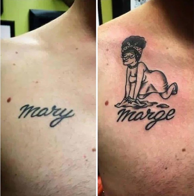 Jika tato bertulisan nama mantan kekasih, bisa diganti jadi nama lain. Misalnya Mary jadi Marge, lengkap dengan gambar tokoh kartun dari The Simpsons tersebut. Cara yang kreatif. Foto: Bored Panda