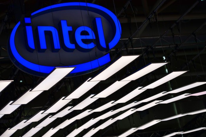 HANOVER, GERMANY - JUNE 12: The Intel logo is displayed at the Intel stand at the 2018 CeBIT technology trade fair on June 12, 2018 in Hanover, Germany. The 2018 CeBIT is running from June 11-15. (Photo by Alexander Koerner/Getty Images)