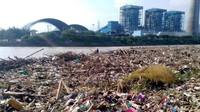 Ruslan Raya, koordinator Mata Sosial menyebut sampah berupa stereo foam, plastik rumah tangga, kayu, botol plastik hingga batang pohon menutupi area pantai yang berdekatan dengan kawasan PLTU Palabuhanratu. Foto: Istimewa.