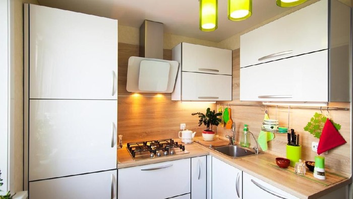 White and brown interior for small kitchen with green elements