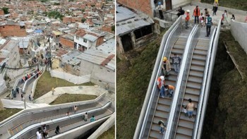 Eskalator di pemukiman kumuh di Medellin, Kolombia. Tangga berjalan ini dibangun pada 2011. Kehadirannya menolong warga di sana berjalan. Sebelumnya, warga pemukiman ini terpaksa menaiki ratusan anak tangga untuk bolak-balik gedung rumah susun setinggi 28 lantai. Foto: via Brainberries