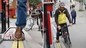 Eskalator untuk sepeda di Trondheim, Norwegia. Kota ini terletak di tebing curam Brubakken yang membuat kegiatan bersepeda terasa kurang nyaman. Untuk itu, mereka membuat eskalator khusus sepeda. Foto: via Brainberries