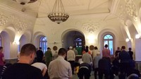 Suasana di dalam Masjid Al Marjani dihiasi ornamen ukiran tembok yang khas. Kazan adalah pusat peradaban Islam di Rusia (Hartomy Akbar Basory/Istimewa)