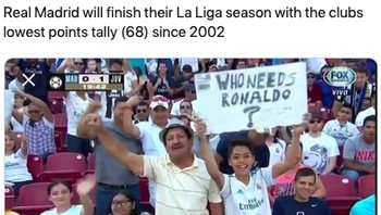 Statistik Madrid musim ini disandingkan dengan foto awal musim setelah Ronaldo pergi. (Foto: Internet/Twitter)