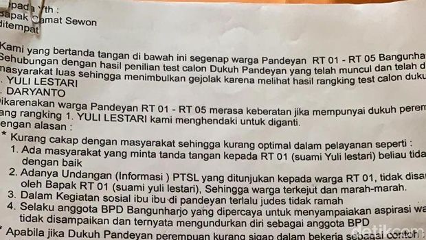 Surat penolakan warga terhadap kepala dusun perempuan di Bantul.
