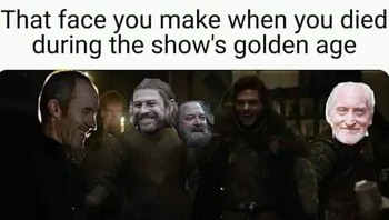 Saking kecewanya fans Game of Thrones, karakter yang sudah dijemput ajal pada musim-musim lalu pun dianggap tersenyum penuh bahagia karena lakon mereka sudah tamat pada era keemasan. (Foto: Boredpanda.com)