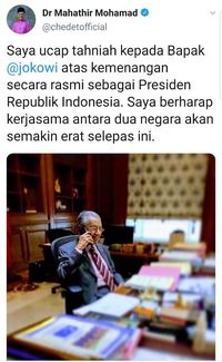 Jokowi Menang, Mahathir Mohamad Beri Ucapan Selamat