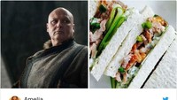 Mengibaratkan sosok seseorang dengan makanan sebenarnya bukan hal baru. Tapi tetap saja menarik saat melihat Lord Varys disamakan dengan sandwcih Hoisin Duck yang berisi irisan bebek Peking. Foto: Twitter AmeliaLKD