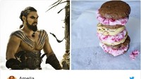 Nggak kalah seru, ada Khal Drogo yang kata Amelia seperti sandwich es krim. Sexy namun penuh kalori tulisnya. Ada-ada saja ya! Foto: Twitter AmeliaLKD