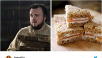 Bagaimana dengan Sam Tarly? Wah, ternyata sosok yang sangat lembut ini mirip sandwich dengan isian salmon asap dan krim keju. Katanya sih nggak cocok untuk perang, tapi lebih cocok sebagai pendamping tea time. Foto: Twitter AmeliaLKD