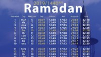 Jadwal salat di bulan Ramadhan 2019. Beberapa masjid di Stockholm adalah Khadija Center, Husby Mosque, Rinkeby Mosque, Aysha Mosque, dan Stockholm Central Mosque (Facebook Page Stockholm Mosque)