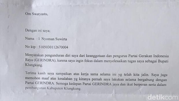 Bupati Klungkung Bali Mundur dari Partai Gerindra