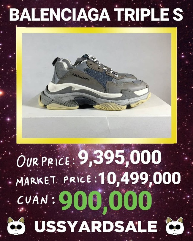 Sneakers Balenciaga bahkan bisa dimiliki dengan Rp 900 ribu. Selain menjual sneakers diskon, USS Yard Sale juga akan menyediakan Thrifting Area yang akan dikurasi langsung oleh dua komunitas sneakers terbesar di Indonesia, Urban Sneaker Society serta Indonesia Sneakers Team. Foto: Instagram