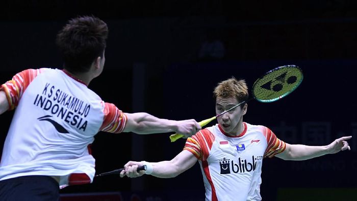 kevin Sanjaya Sukamuljo/Marcus Fernaldi Gideon dipatok target juara dunia tahun ini. (Wahyu Putro A/Antara Foto)