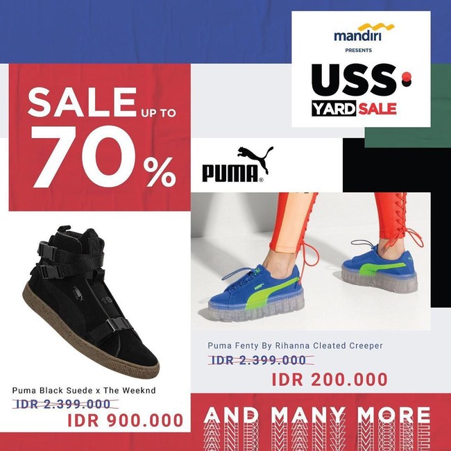 USS Yard Sale sedang diadakan di Senayan City, tepatnya di The Hall lantai 8. Berbagai sneakers diskon hingga 99%. Salah satu brand yang banting harga adalah Puma. Foto: Instagram