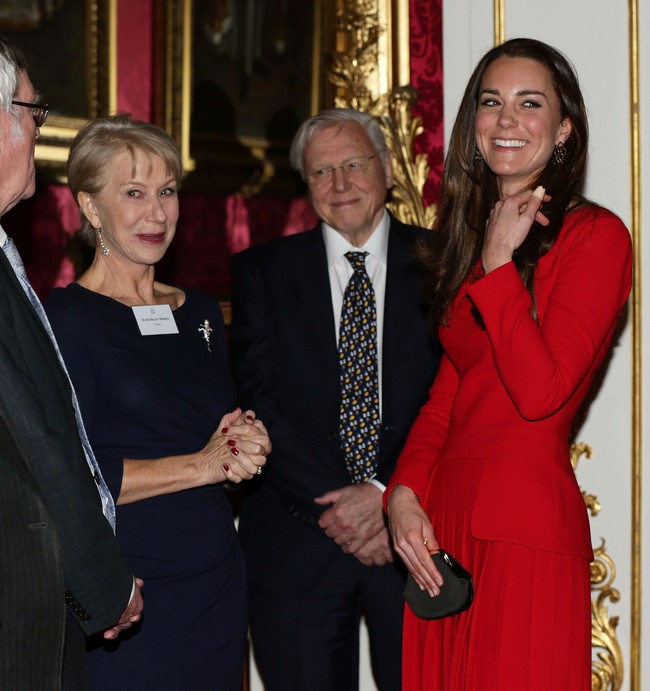 Mundur ke 2014,  Kate bahkan sudah terlihat sering memakai plaster. Ini penampilannya saat bertemu aktris Helen Mirren di Buckingham Palace, London. (Foto: Getty Images)