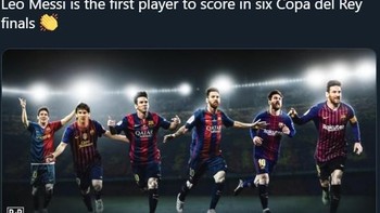 Walau kalah, Messi tetap pecahkan rekor sebagai pemain pertama yang cetak gol di enam final Copa Del Rey. Foto: Twitter/brfootball