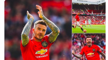 Memakai Adidas Predator, crossing ciri khasnya, mencetak gol, dan mendapat standing ovation di Old Trafford, Beckham seolah masih seperti dulu. Foto: Twitter