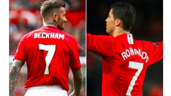 Selain Cristiano Ronaldo, Beckham dianggap pemain nomor 7 di MU yang paling gemilang sepanjang masa.Foto: Twitter
