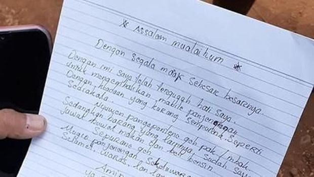 Surat yang diduga ditulis oleh pencuri mobil Sri Hartatik.