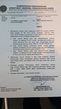 Surat pencabutan izin terbang single engine Vincent Raditya