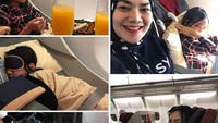 Bersama sang ibu, Shabina naik pesawat kelas bisnis menuju Melbourne. Perjalana mereka makin lengkap ditemani nasi campur dan jus jeruk. Nyamm nyamm! Foto: Instagram shabinamecca