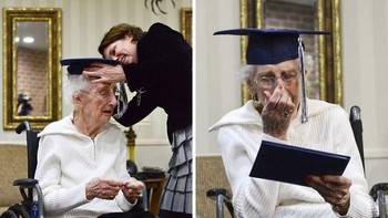 Margaret Thome Bekema wanita berusia 97 tahun menangis terharu bahagia karena akhirnya menerima kelulusannya. Harusnya pada tahun 1936 ia sudah lulus, namun tahun 1932 ia terpaksa berhenti sekolah karena harus merawat saudara-saudara dan ibunya yang menederita kanker. Foto: Boredpanda