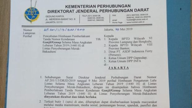 Surat pencabutan kebijakan ganjil-genap di Pelabuhan Merak-Bakauheni.