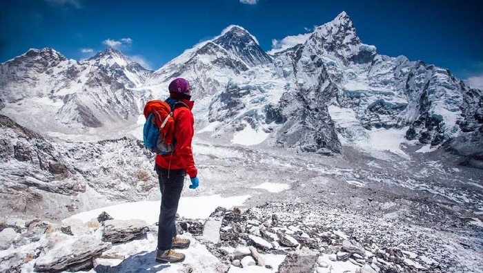 Nuptse peak near Gorak Shep village and signpost - Way to Everest base camp - Khumbu valley, Solukhumbu,  Nepal Himalayas mountains