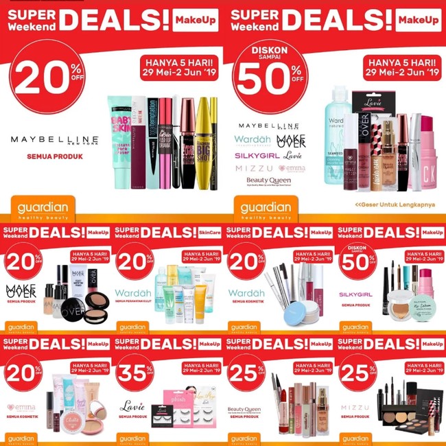 Kosmetik diskon juga bisa didapati di gerai Guardian. Selama akhir pekan ini, gerai tersebut memberikan penawaran menarik untuk sejumlah produk makeup dan perawatan hingga 50%. Foto: Istimewa