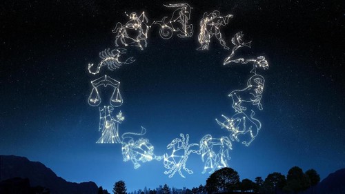 Woman Consulting The Stars - Zodiac Signs In The Sky - Contain Illustration And elements furnished by NASA