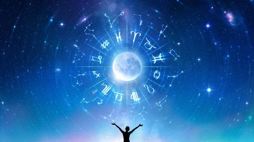 Woman Consulting The Stars - Zodiac Signs In The Sky - Contain Illustration And elements furnished by NASA