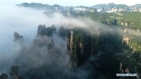Berlokasi di Wulingyuan Scenic Area di Zhangjiajie, Provinsi Hunan, China tengah, lift ini tampak diselimuti oleh kabut. Foto: Dok. Xinhuanet/Wu Yongbing