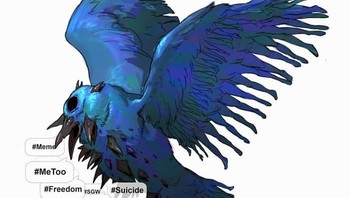 Karakter burung Twitter dengan banyak paruh yang tidak berhenti mencuitkan beragam tagar. Foto: Brahim Bensehoul via Bored Panda