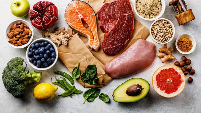 Balanced diet Organic Healthy food Clean eating selection Including Certain Protein Prevents Cancer: fish, meat, fruit, vegetable, cereal, leaf vegetable