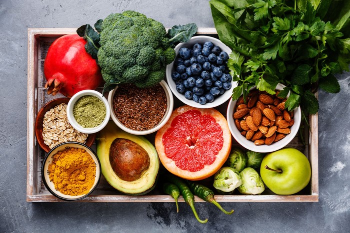 Balanced diet Organic Healthy food Clean eating selection Including Certain Protein Prevents Cancer: fish, meat, fruit, vegetable, cereal, leaf vegetable