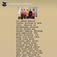 Pangeran Malaysia Tunku Mahkota Johor Tunku Ismail Ibni Sultan Ibrahim telah memicu kontroversi di media sosial karena mengatakan hanya bangsawan Johor yang layak mengenakan Baju Melayu Teluk Belanga dengan celana hitam. Tak hanya itu, Tunku Ismail juga membuat perbandingan antara elang dan burung pipit yang terbang di ketinggian yang berbeda. Foto: Instagram