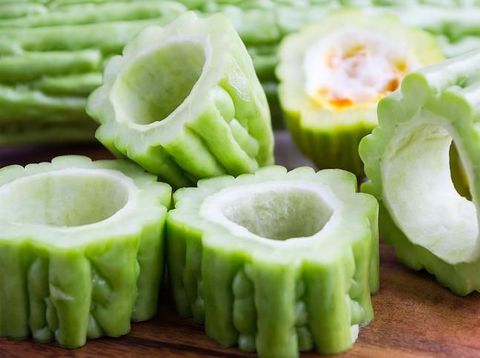 Fresh Green Bitter Cucumber Or Chinese Bitter Melon Or Melon Sliced In Pieces