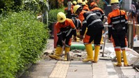 Sejumlah pekerja tengah menyelesaikan proses revitalisasi trotoar di kawasan Cikini, Jakarta Pusat, Kamis (13/6/2019).