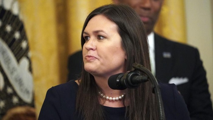 Outgoing White House Press Secretary Sarah Huckabee Sanders speaks alongside US President Donald Trump during a second chance hiring and criminal justice reform event in the East Room of the White House in Washington, DC, June 13, 2019. - President Donald Trump on Thursday made the surprise announcement of the departure of spokeswoman Sarah Sanders, who has been widely criticized for her performance in the White House. 